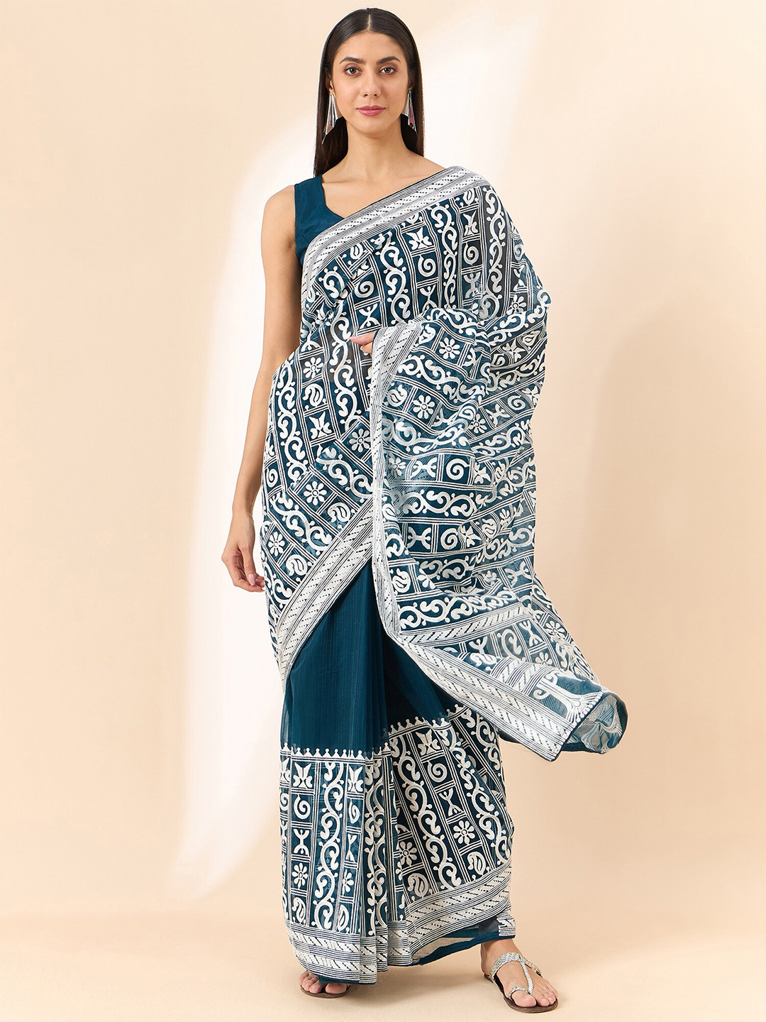 

all about you Blue Ethnic Motifs Embroidered Organza Saree