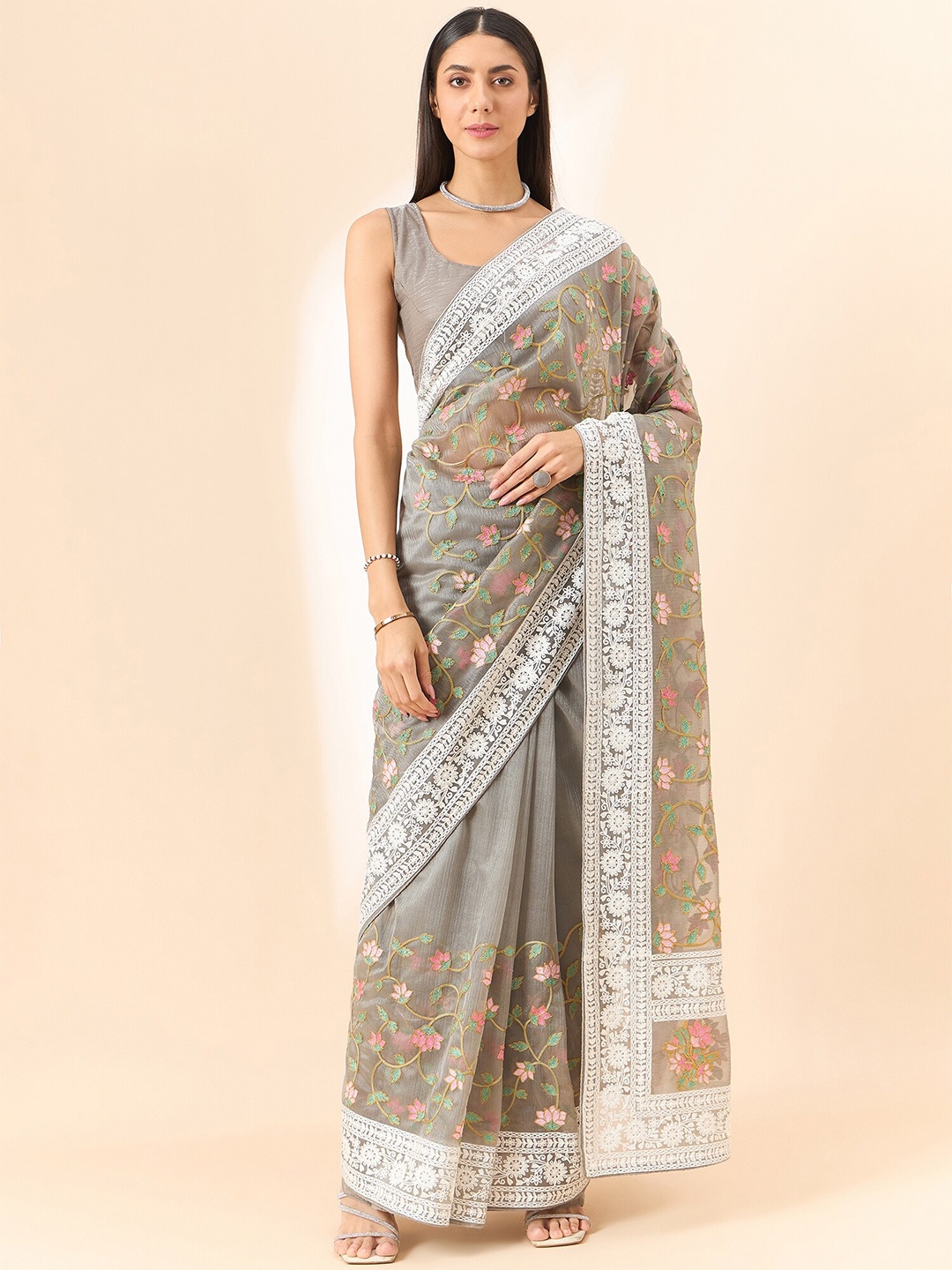 

all about you Grey Floral Embroidered Organza Saree