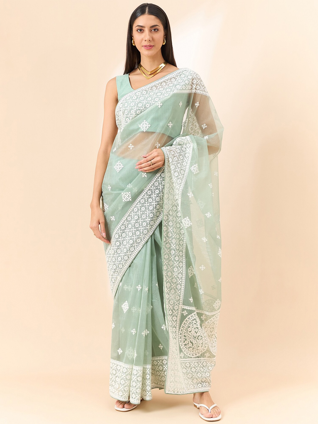 

all about you Green Paisley Embroidered Organza Saree