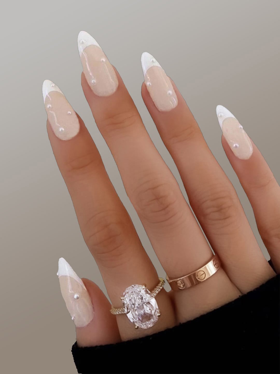 

Secret Lives Almond Shape With 3D Pearls Nail Art, Nude