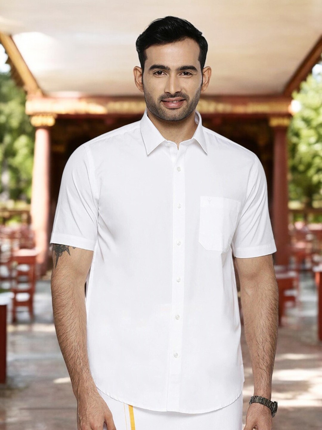 Ramraj Tailored Fit Pure Cotton Ethnic Shirt, White