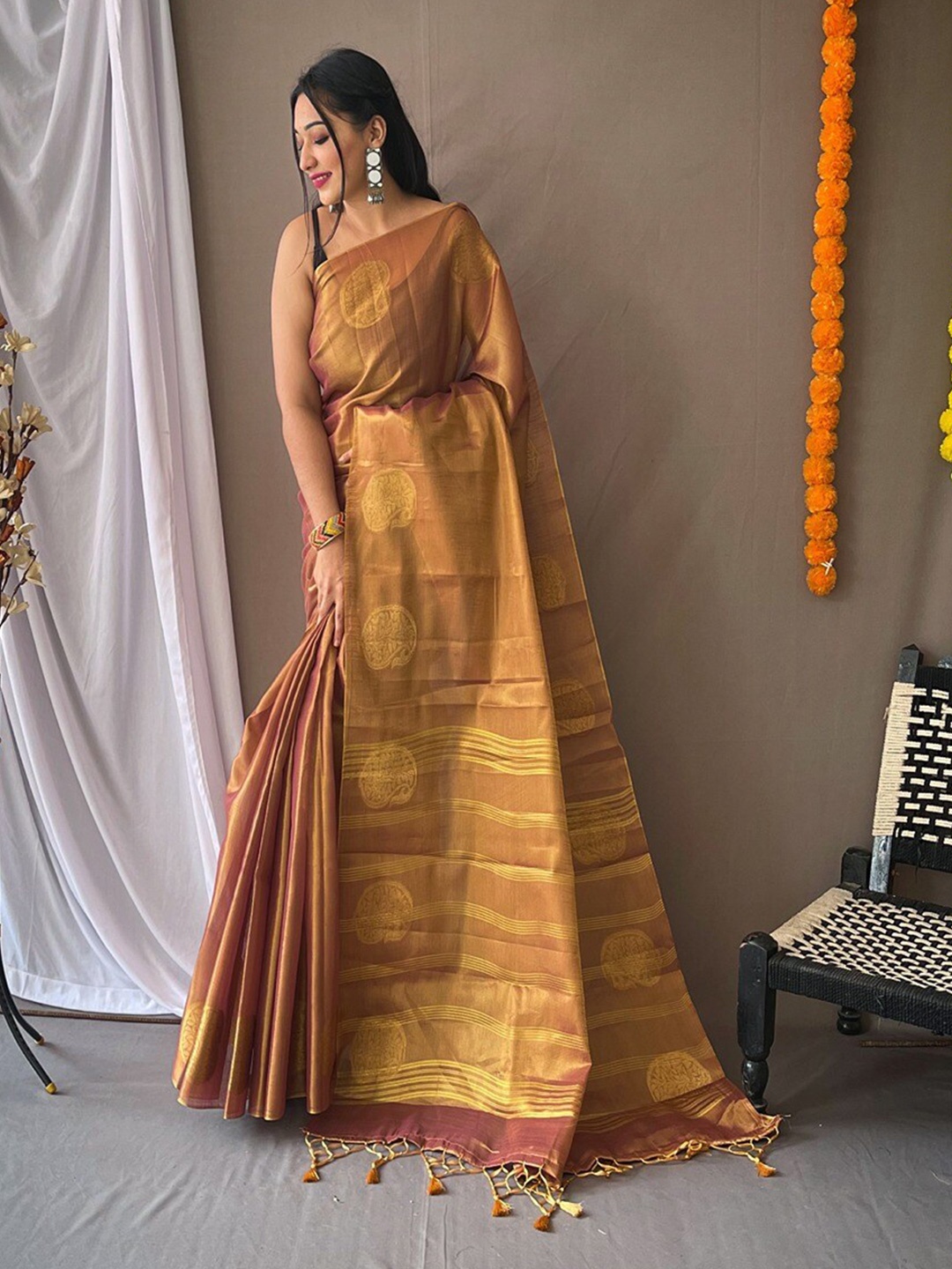 

SGF11 Woven Design Zari Tissue Kanjeevaram Saree, Brown