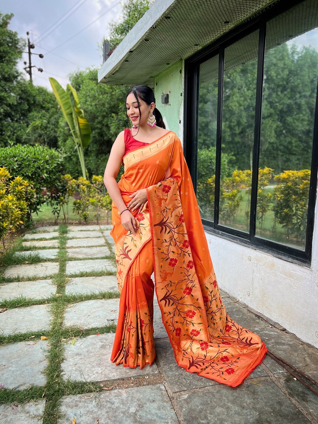 

SGF11 Floral Woven Design Zari Banarasi Saree, Orange