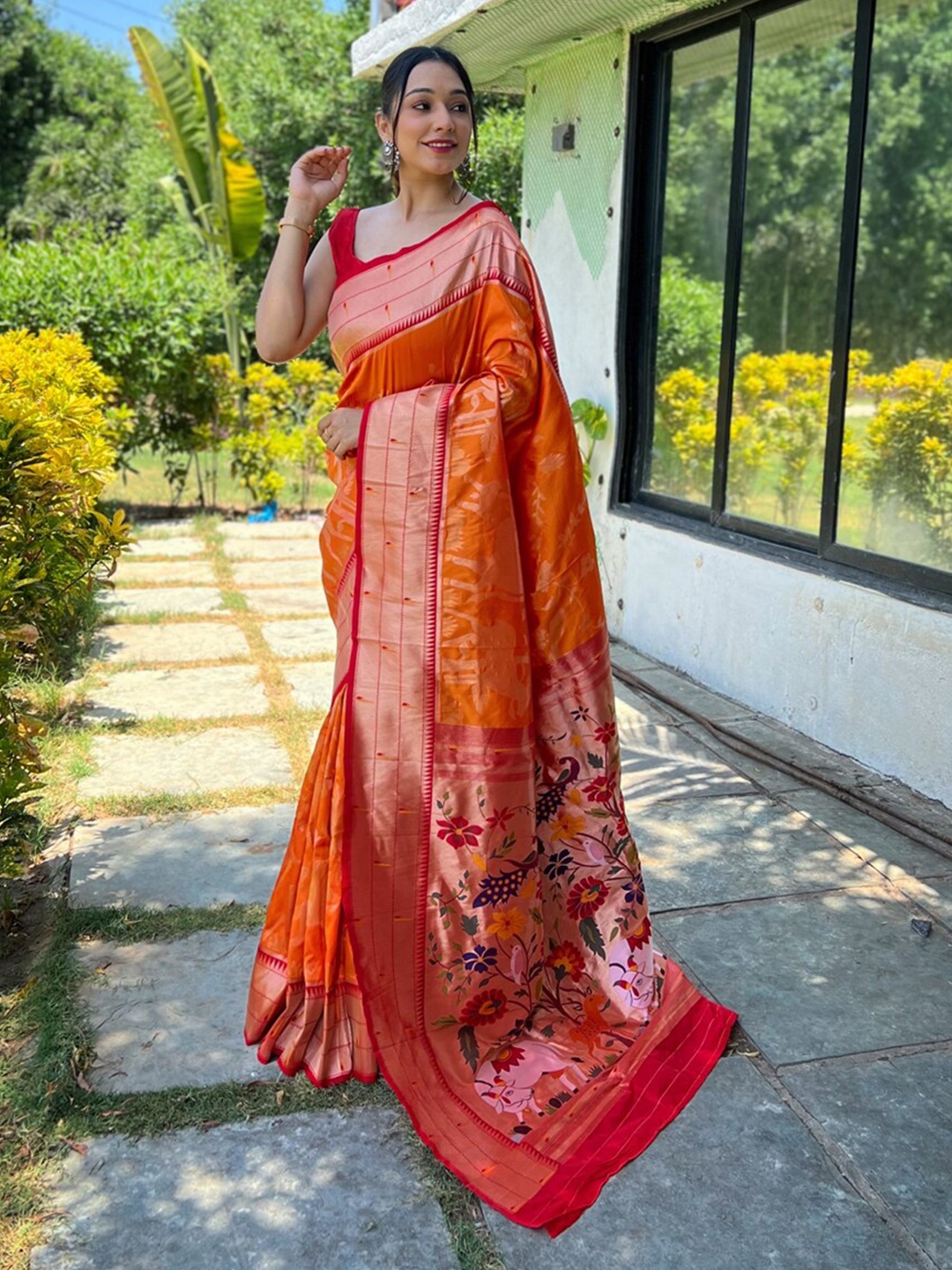 

SGF11 Floral Woven Design Zari Kanjeevaram Saree, Orange