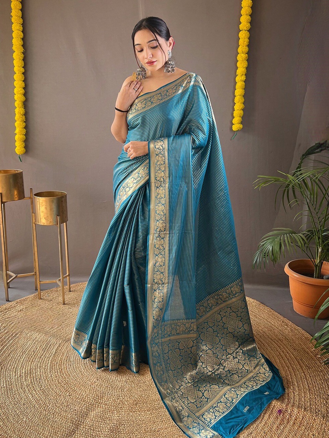 

SGF11 Striped Zari Kanjeevaram Saree, Blue