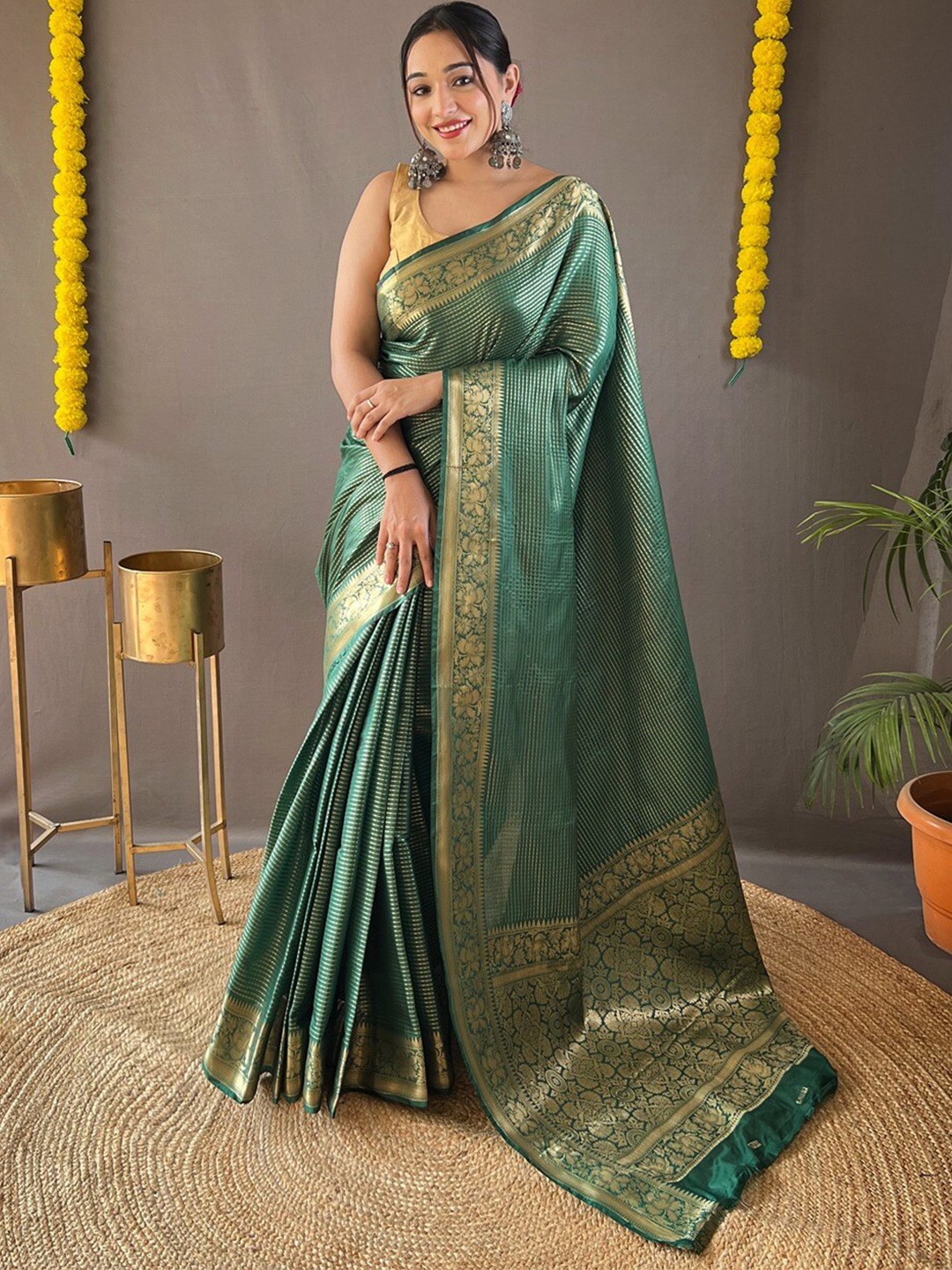 

SGF11 Striped Zari Art Silk Kanjeevaram Saree, Green