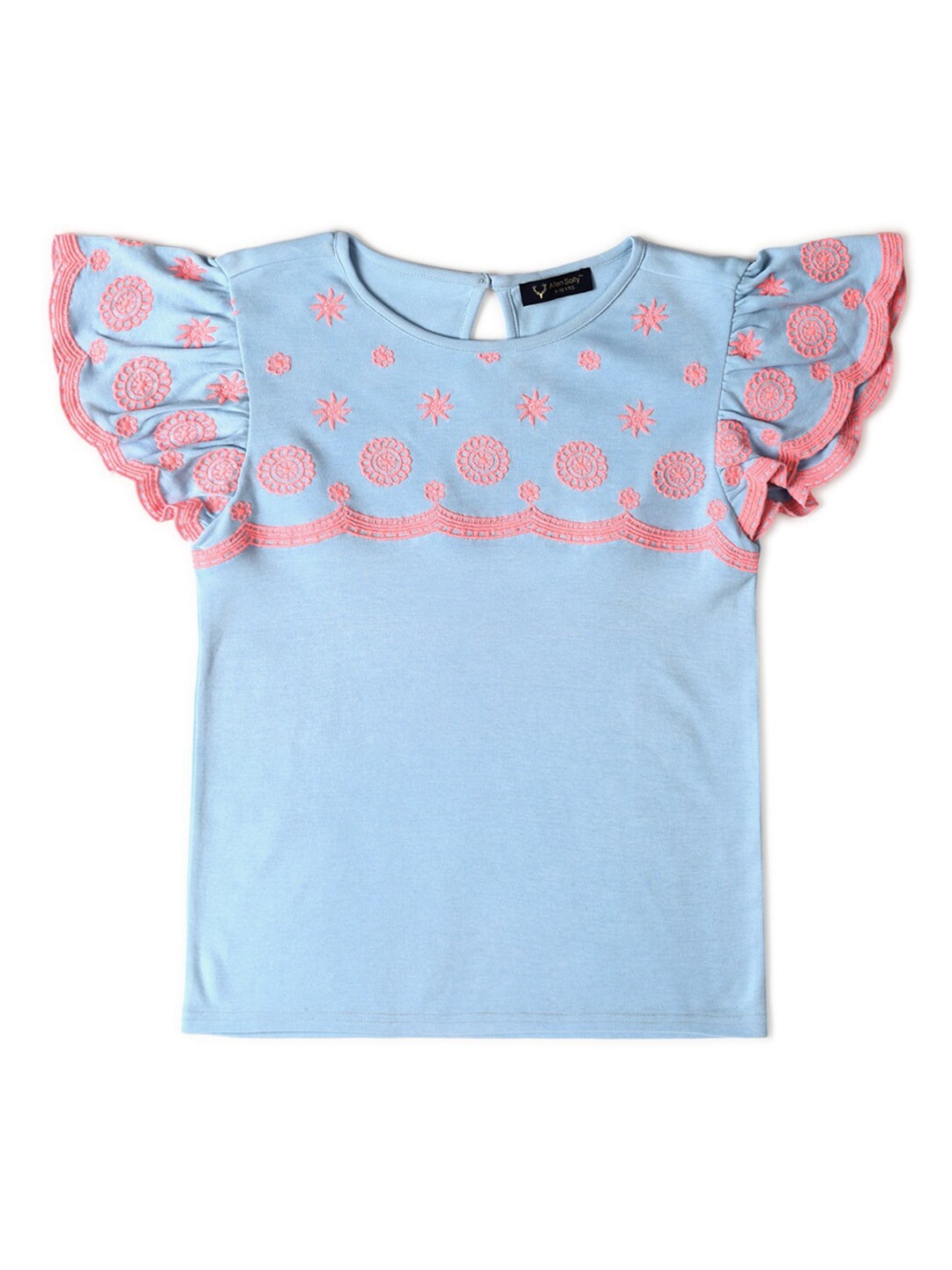 

Allen Solly Junior Girls Floral Embroidered Flutter Sleeve Cotton Regular Top, Blue