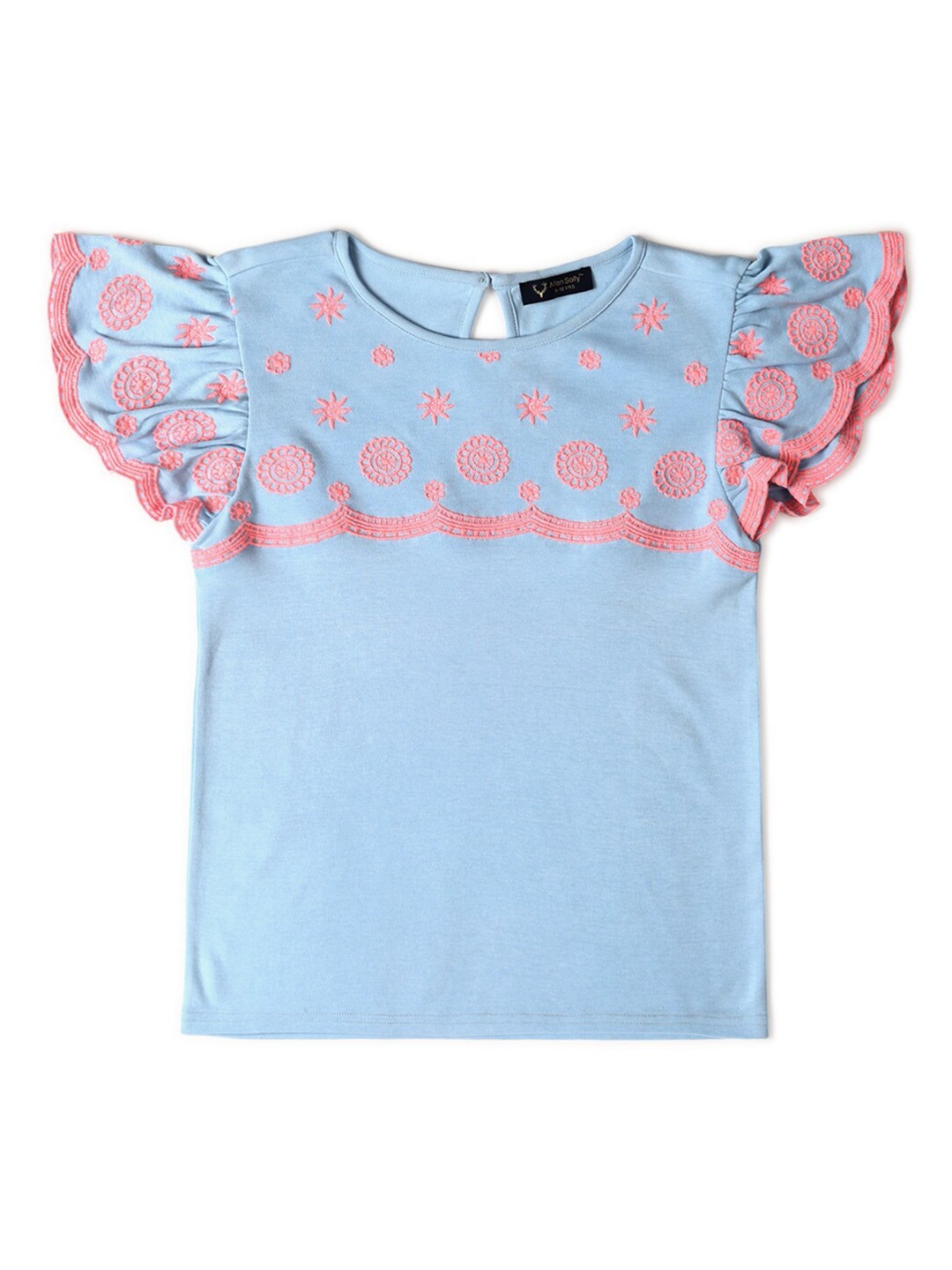 

Allen Solly Junior Girls Floral Embroidered Flutter Sleeve Cotton Regular Top, Blue