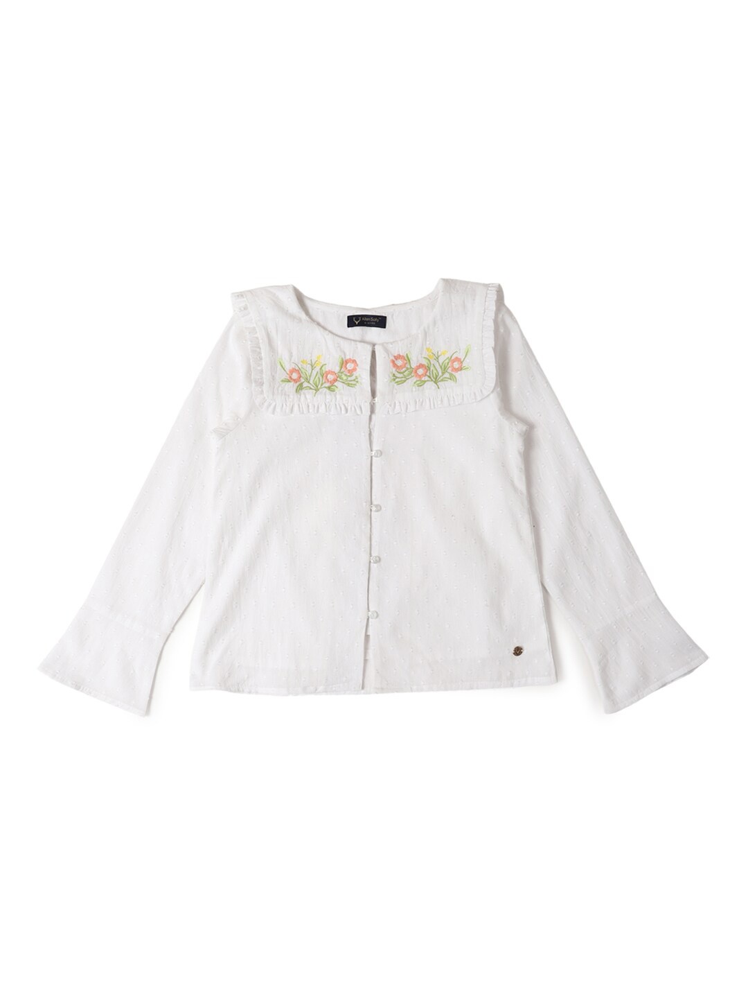 

Allen Solly Junior Girls Round Neck Bell Sleeve Embroidered Cotton Shirt Style Top, White