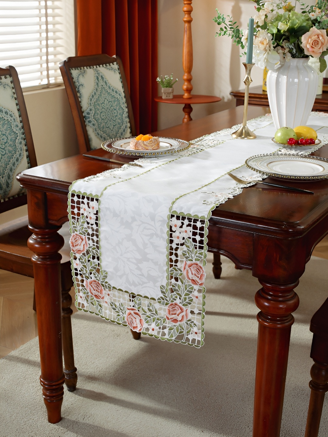 TANLOOMS White & Peach-Coloured Embroidered Satin Table Runner