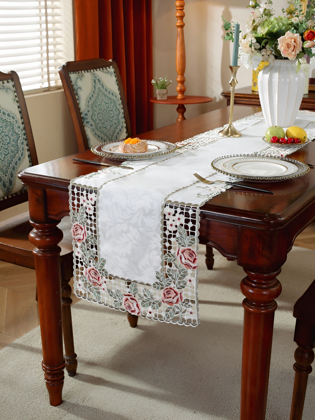 

TANLOOMS White & Maroon Embroidered Satin Table Runner