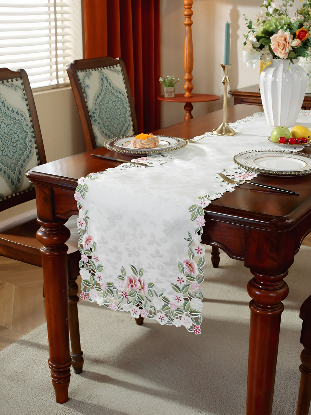 

TANLOOMS White & Pink Embroidered Satin Table Runner