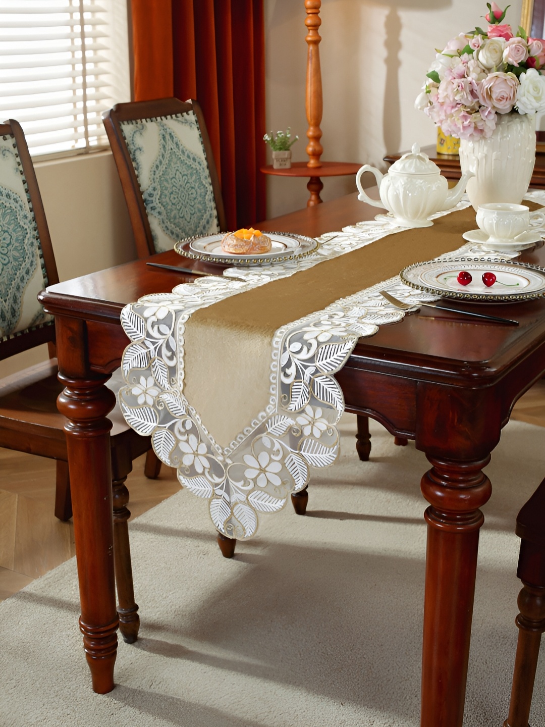 

TANLOOMS Gold Toned Embroidered Velvet Table Runner