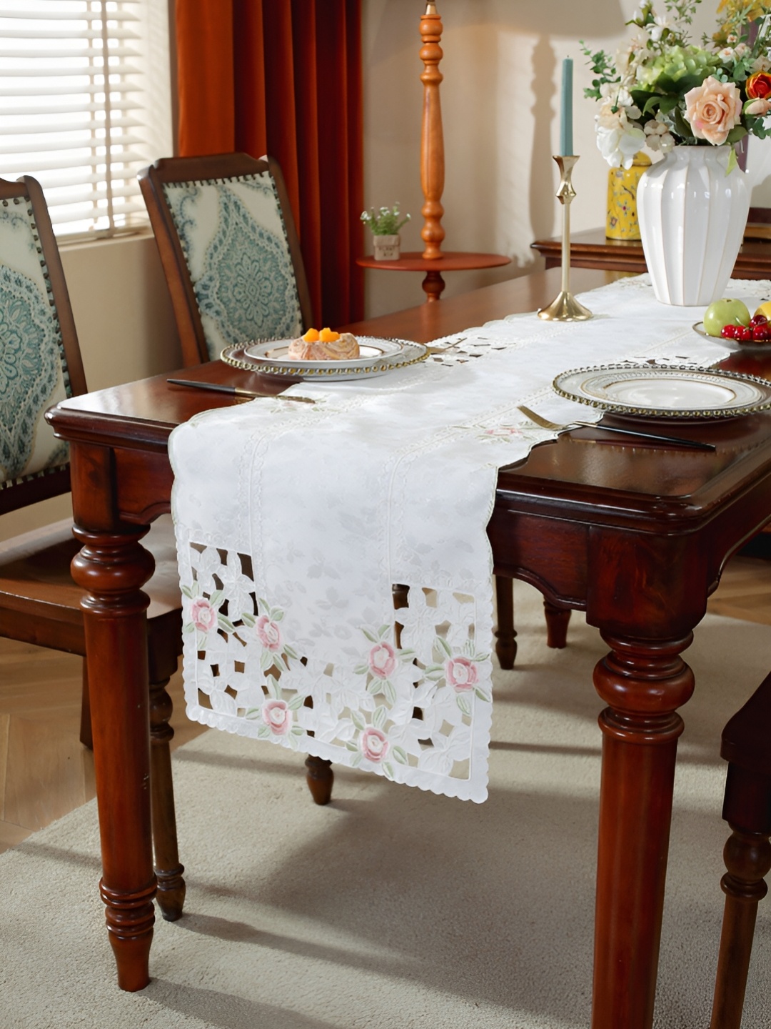 

TANLOOMS White & Pink Embroidered Satin Table Runner