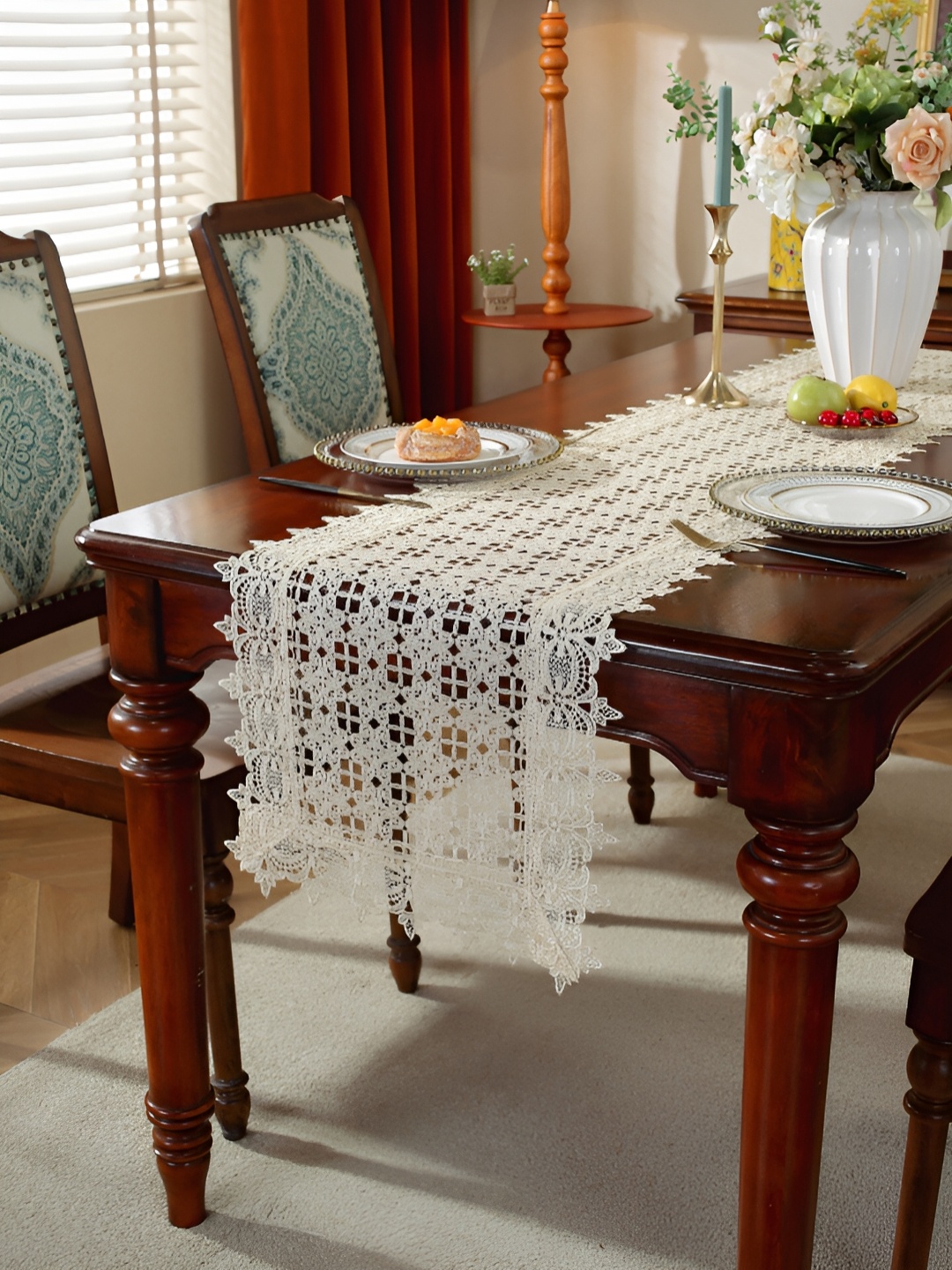 

TANLOOMS Gold Toned Embroidered Satin Table Runner