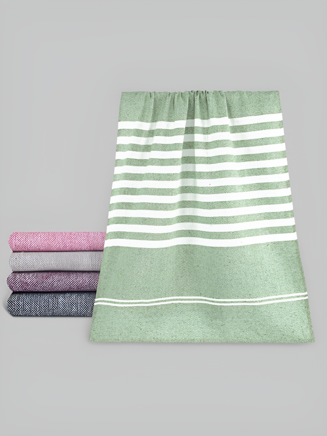 

Aura Green & Grey 5 Pieces Striped Cotton 210 GSM Towel Set