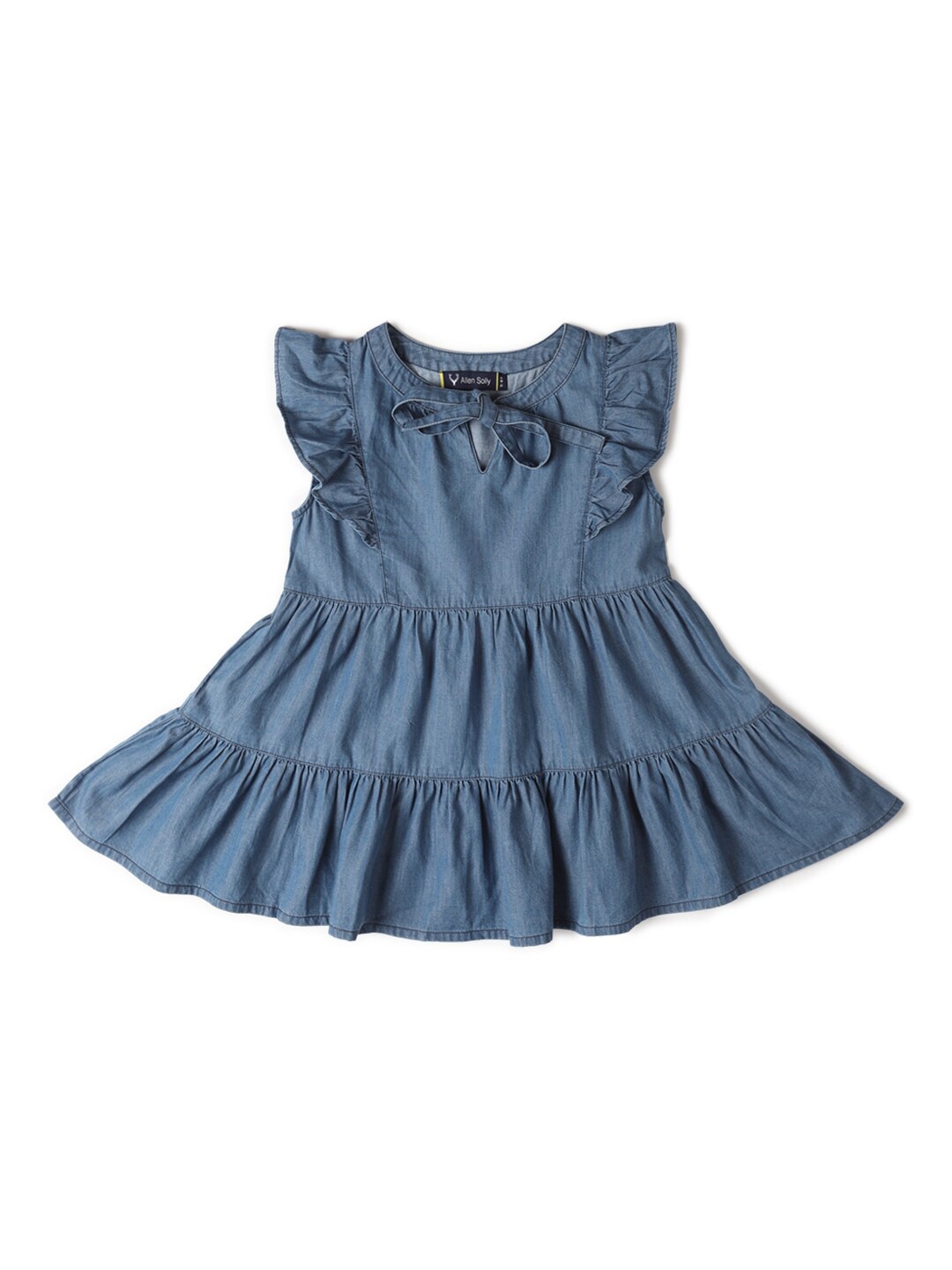 

Allen Solly Junior Girls Tie-Up Neck Gathered Tiered Cotton Fit & Flare Dress, Blue