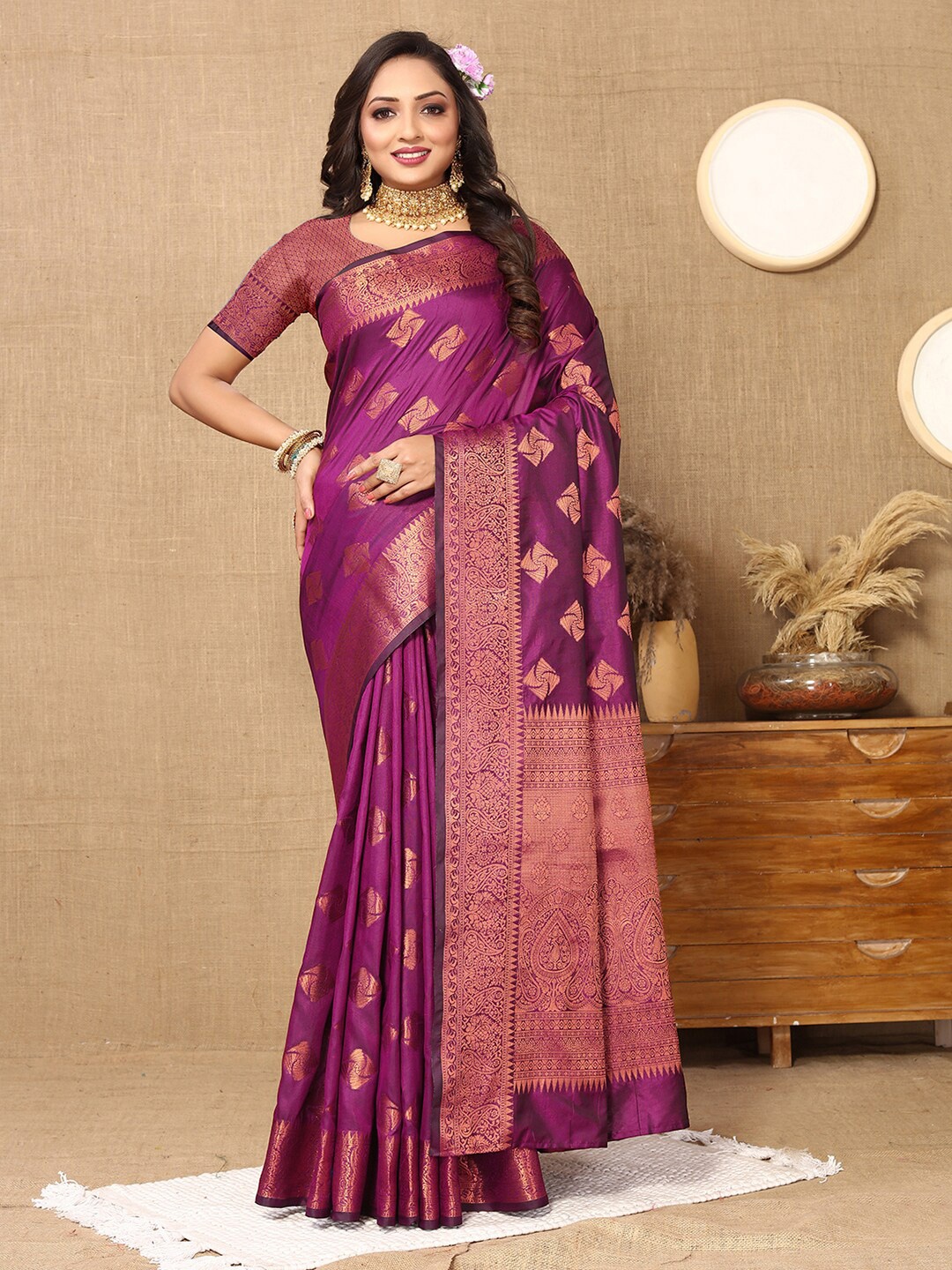 Lookslady Ethnic Motifs Woven Design Zari Chanderi Saree, Purple