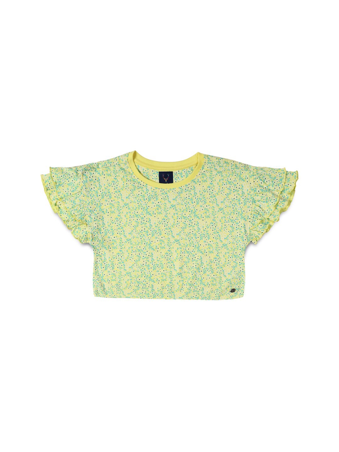 Allen Solly Junior Girls Floral Printed Flutter Sleeve Crop Top, Yellow