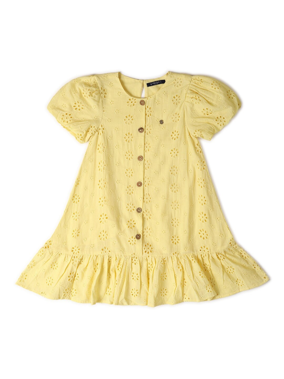 

Allen Solly Junior Girls Self Design Puff Sleeve Gathered Cotton A-Line Dress, Yellow