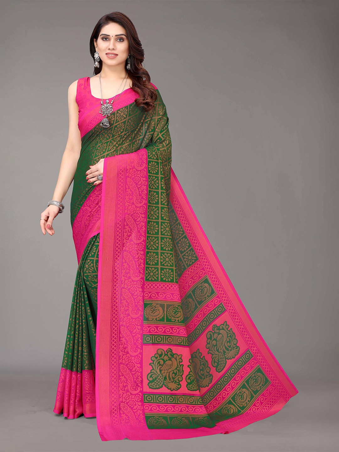 

HALFSAREE STUDIO Ethnic Woven Design Zari Printed Saree, Green