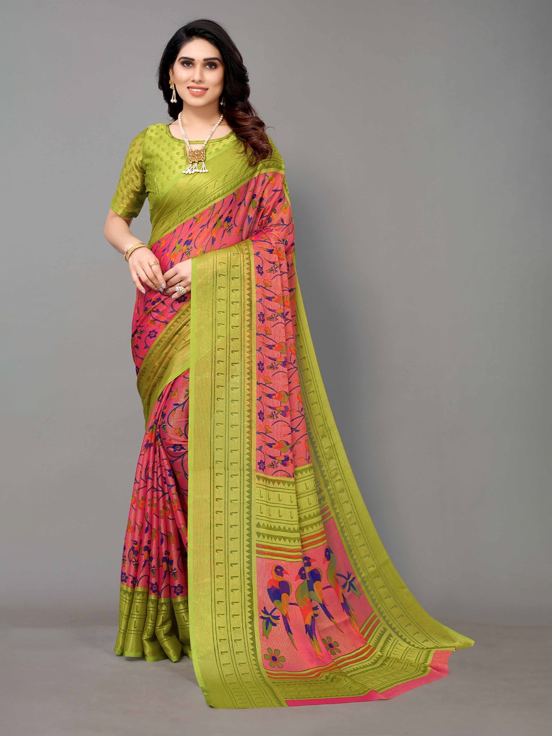 

HALFSAREE STUDIO Floral Zari Printed Saree, Pink