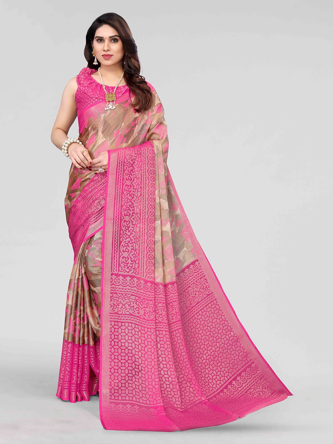 

HALFSAREE STUDIO Geometric Zari Printed Saree, Pink