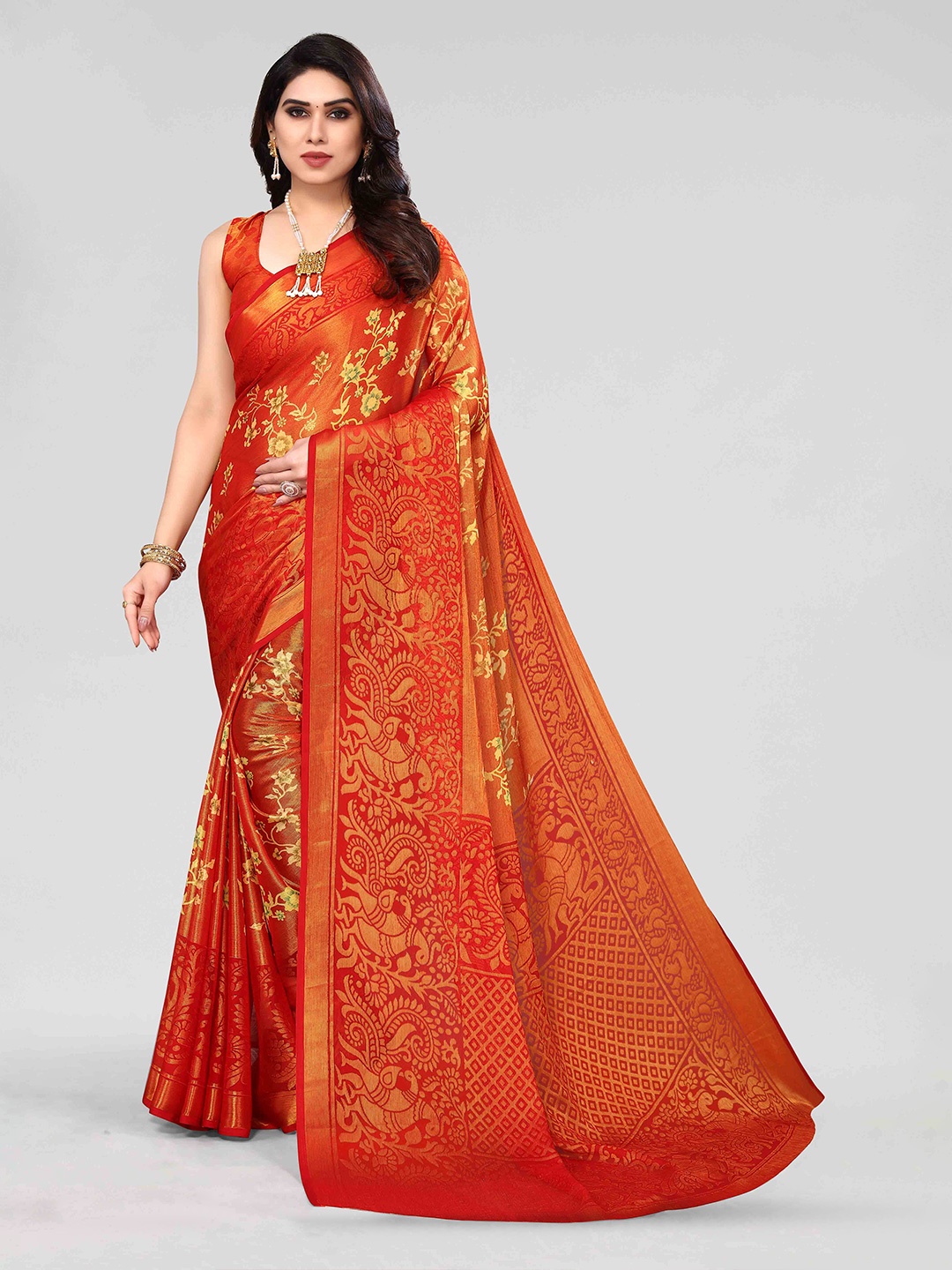 

HALFSAREE STUDIO Floral Zari Printed Saree, Red