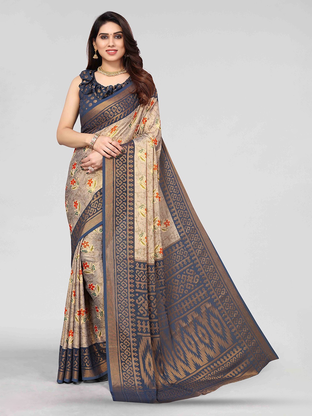 

HALFSAREE STUDIO Floral Printed Zari Poly Chiffon Saree, Grey