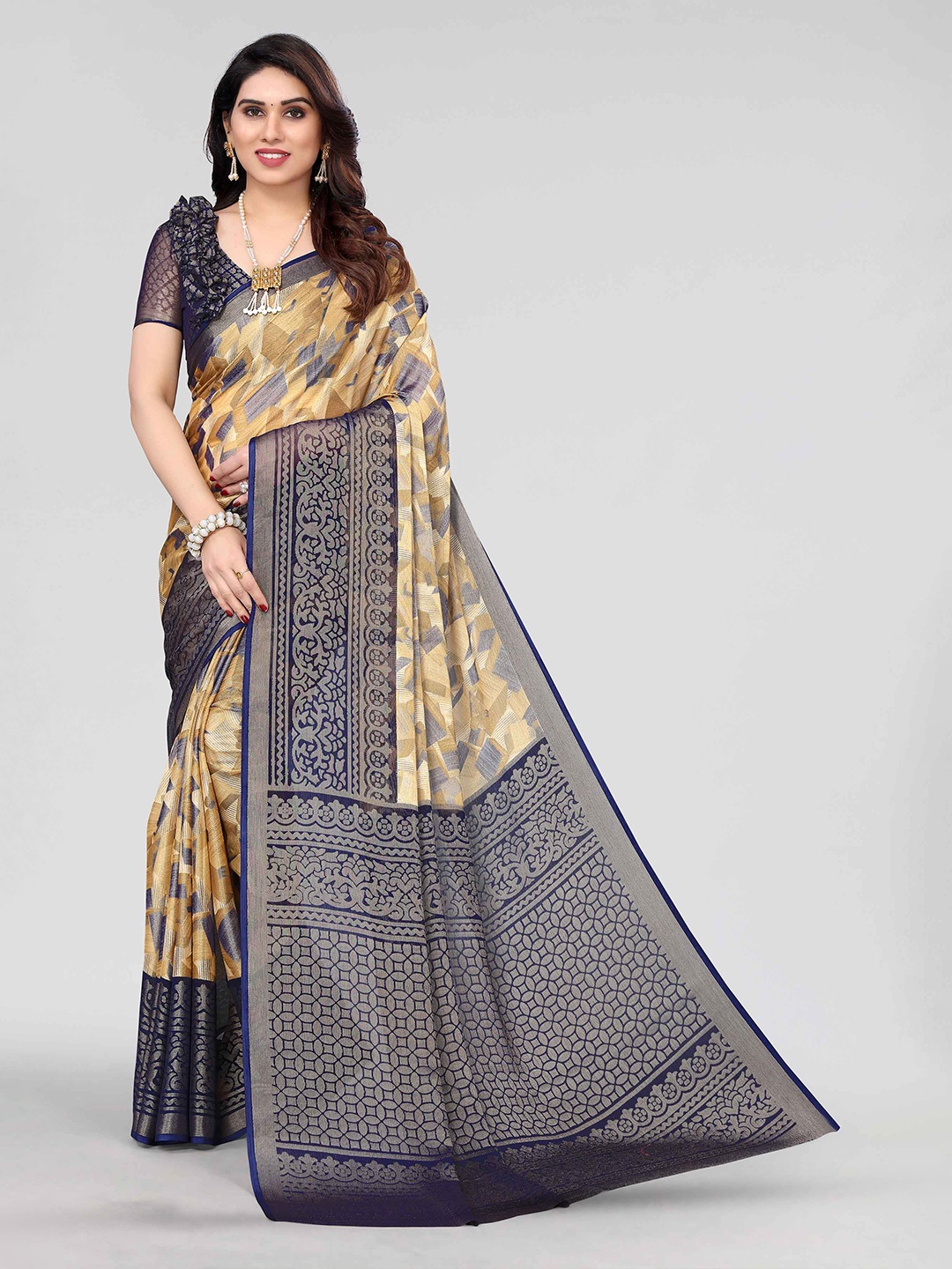 

HALFSAREE STUDIO Geometric Printed Zari Saree, Navy blue