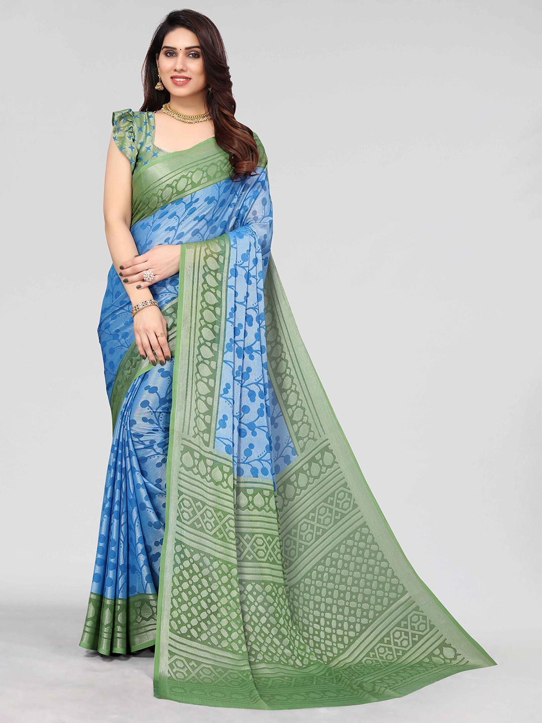 

HALFSAREE STUDIO Floral Woven Design Zari Poly Chiffon Saree, Blue
