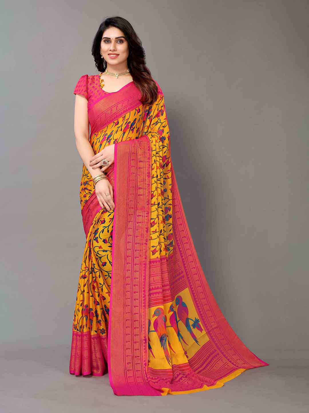 

HALFSAREE STUDIO Ethnic Woven Design Zari Printed Saree, Yellow