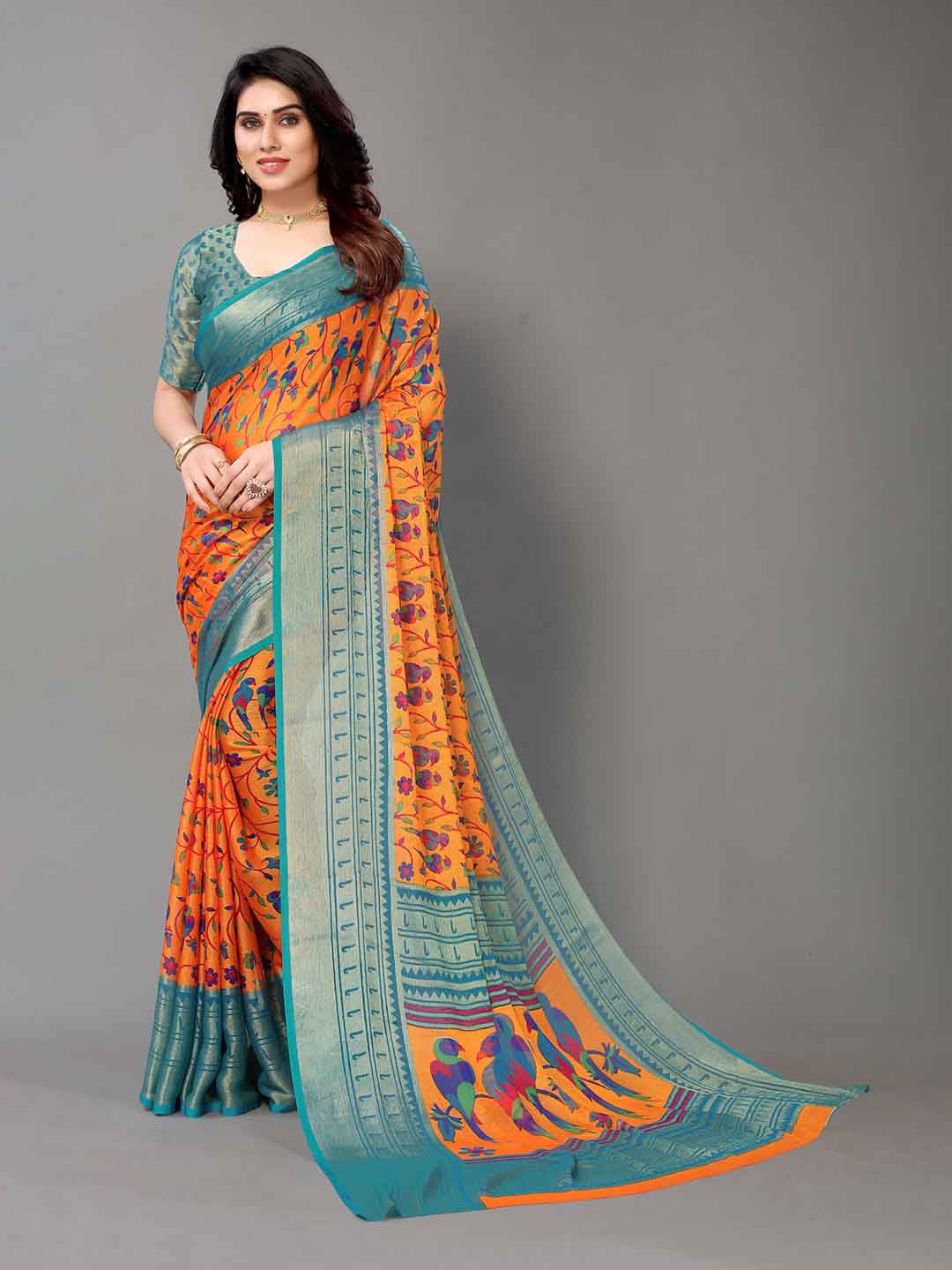 

HALFSAREE STUDIO Floral Zari Printed Saree, Orange