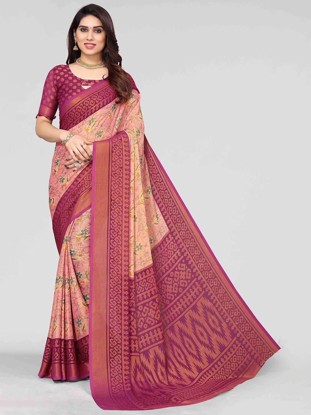 

HALFSAREE STUDIO Floral Printed Zari Saree, Purple