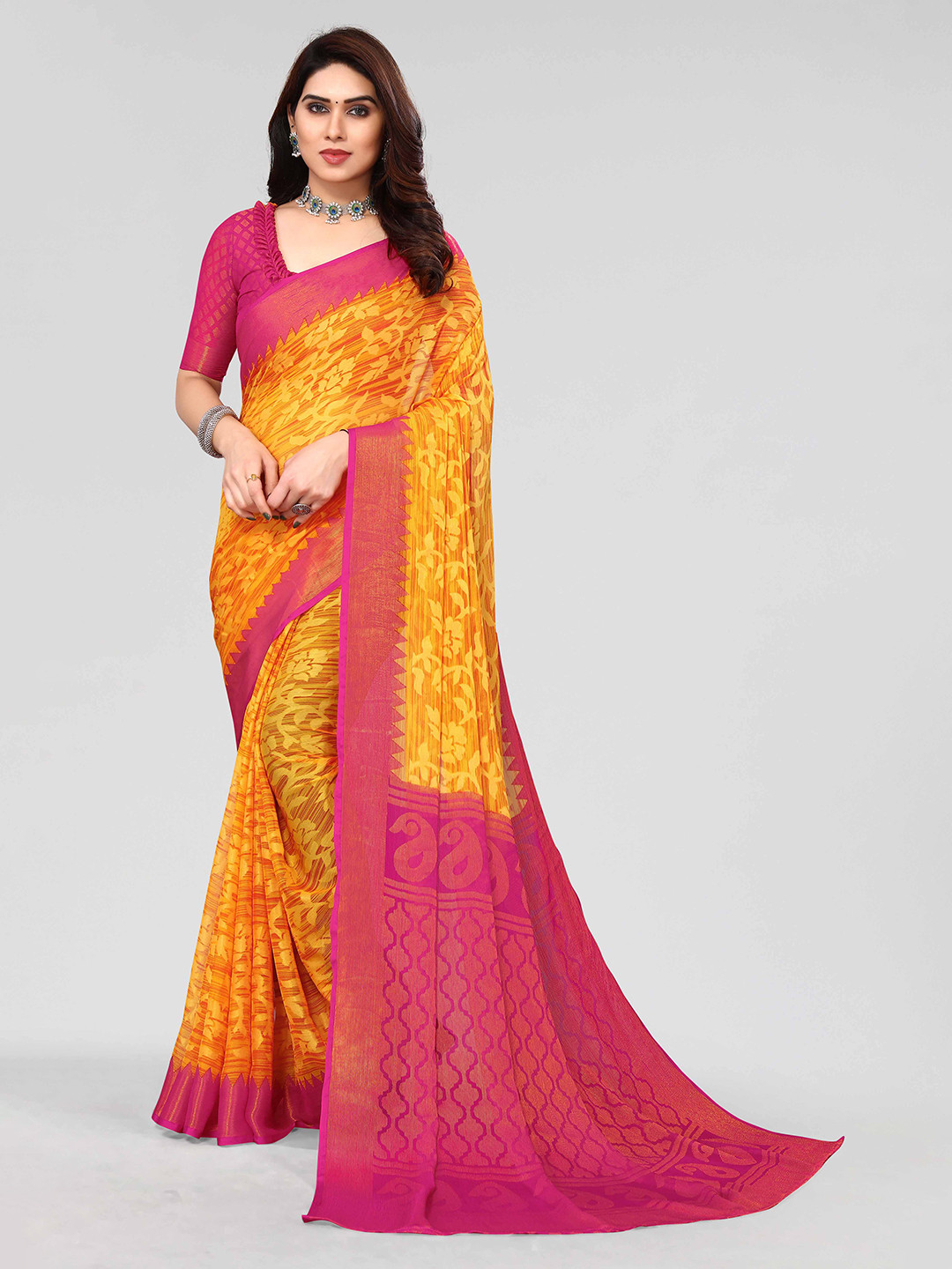 

HALFSAREE STUDIO Floral Zari Printed Saree, Yellow