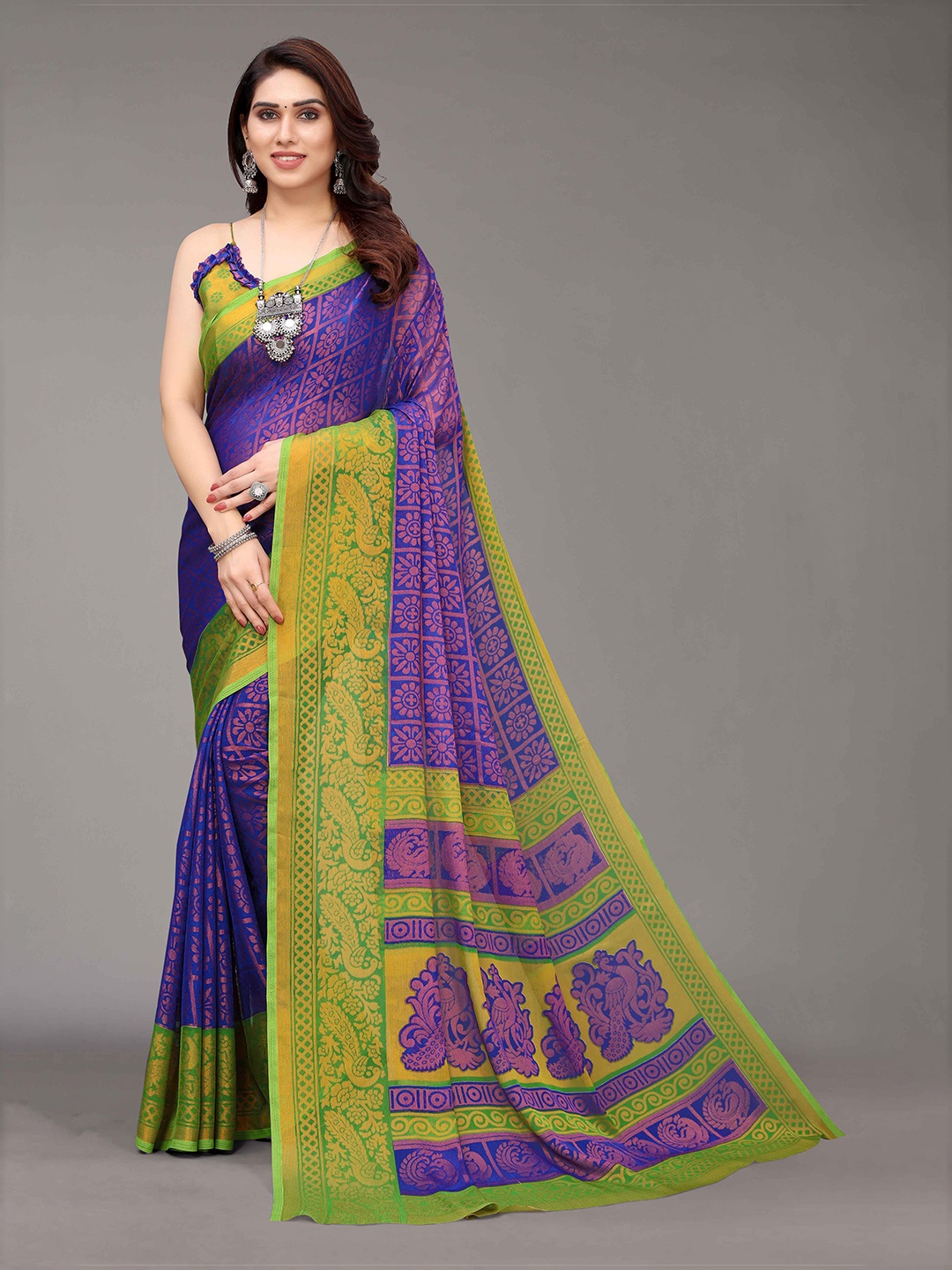 

HALFSAREE STUDIO Floral Zari Printed Saree, Blue