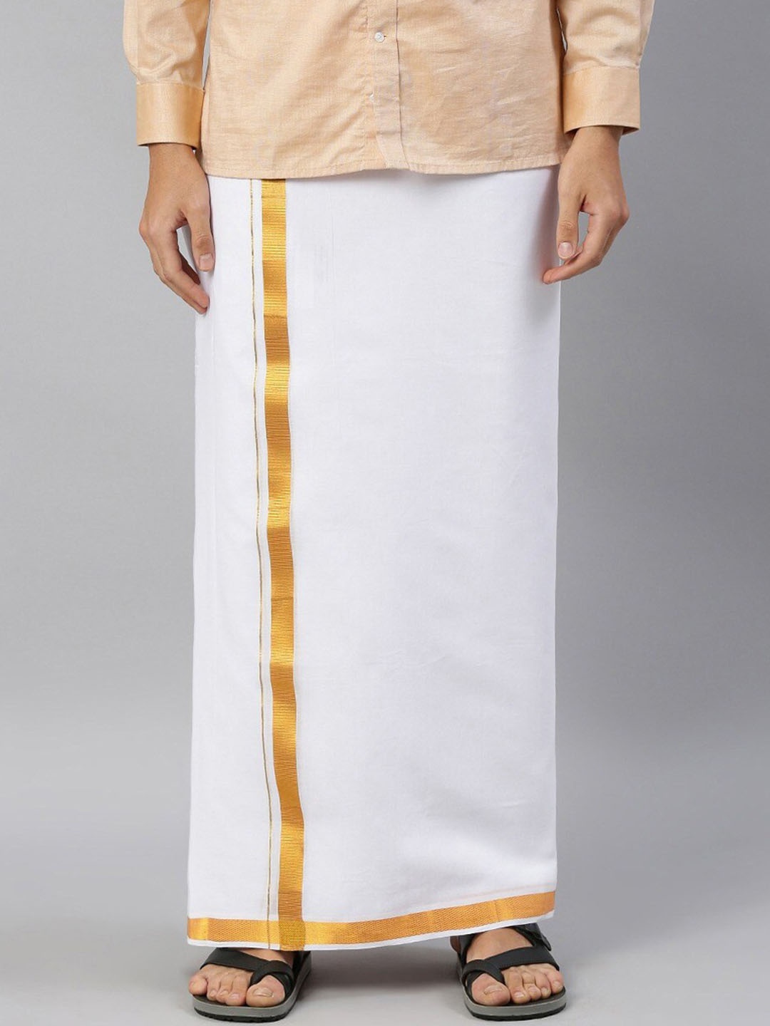 

Ramraj Mid-Rise Double Layer Pure Cotton Zari Border Dhoti With Angavastram, White