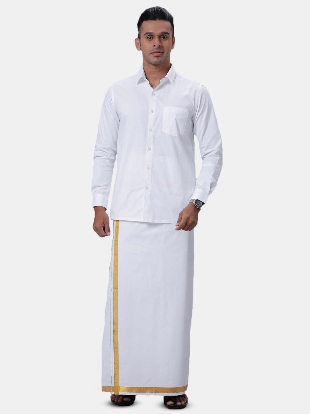 

Ramraj Long Sleeves Shirt With Golden Zari Border Dhoti, White