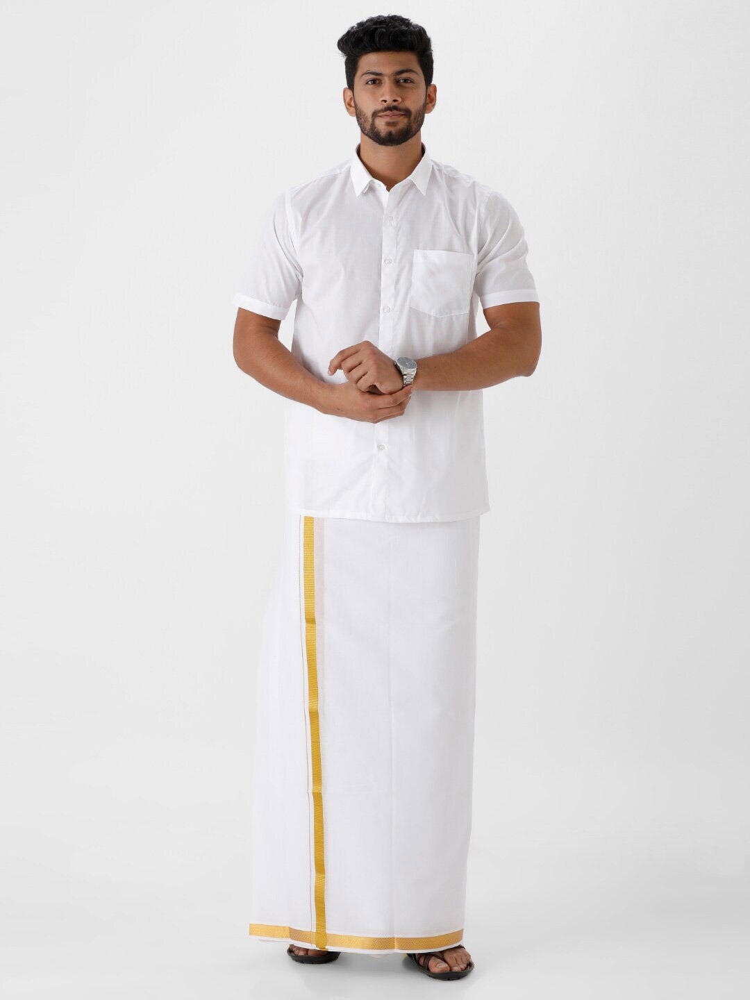 

Ramraj Pure Cotton Shirt With Golden Zari Border Dhoti, White