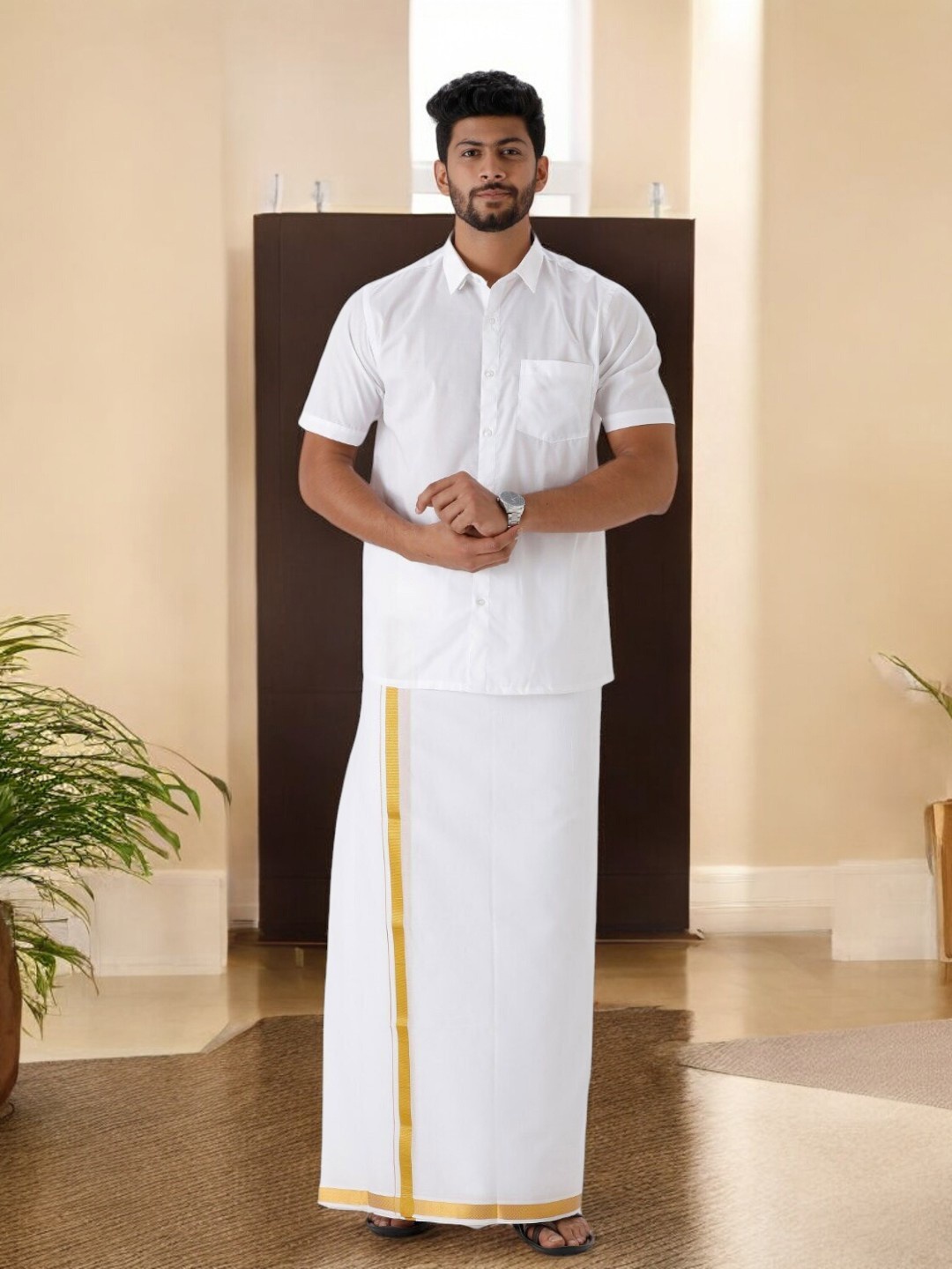 Ramraj Pure Cotton Shirt With Golden Zari Border Dhoti, White
