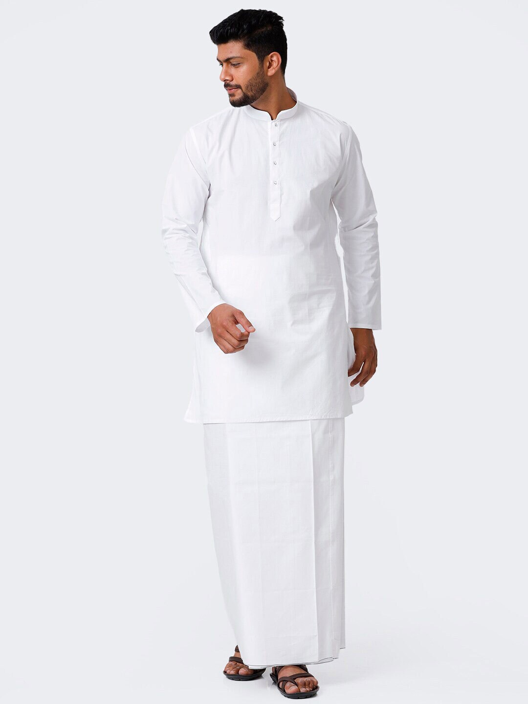 

Ramraj Mandarin Collar Pure Cotton Kurta With Dhoti, White