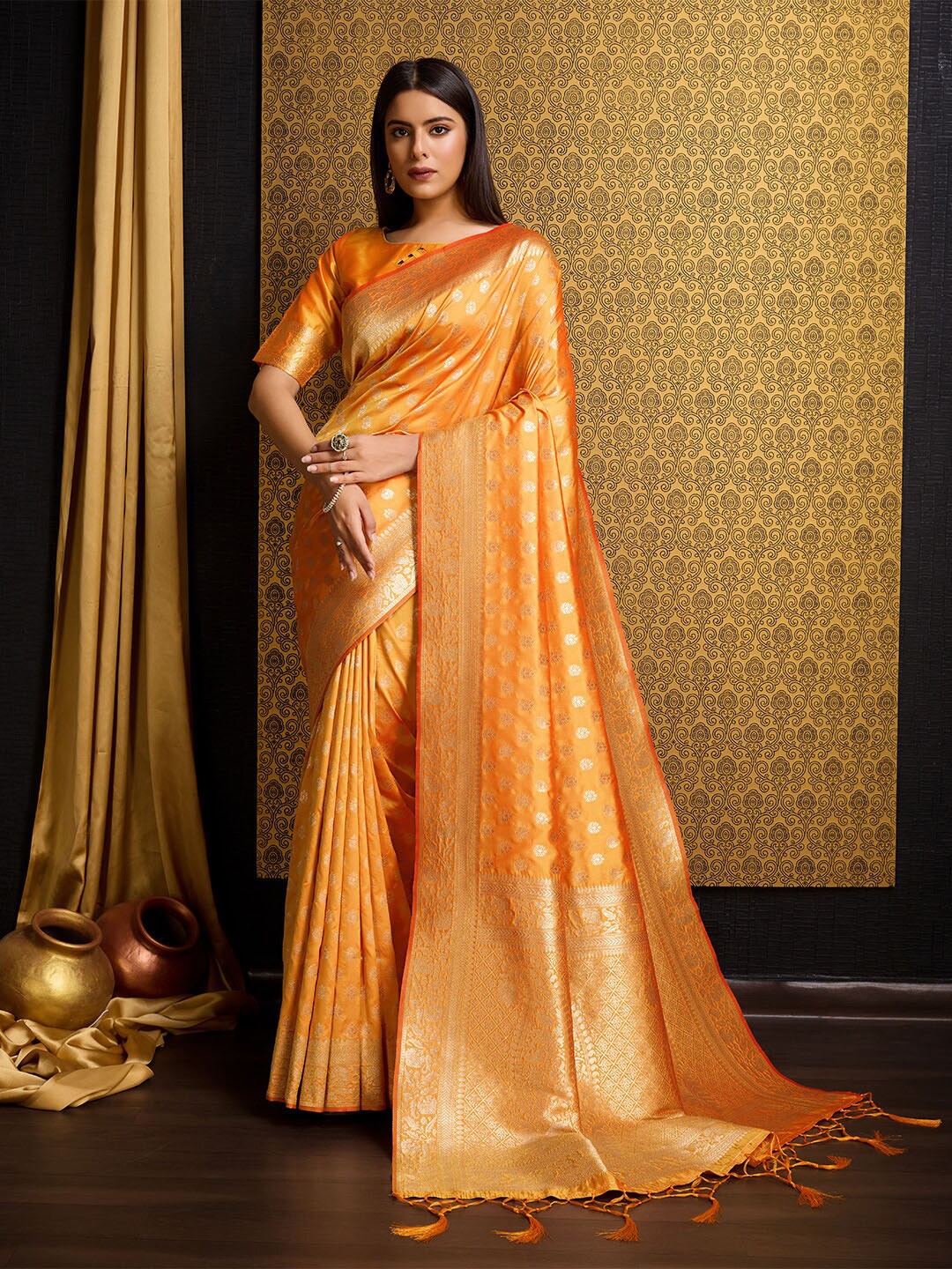 

Ishin Ethnic Motifs Woven Design Zari Banarasi Saree, Mustard