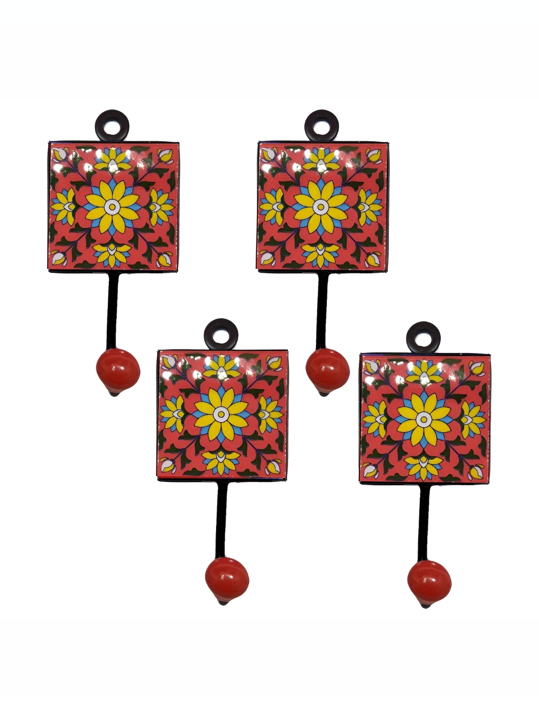 

INDIA MEETS INDIA Red & Yellow 4 Pieces Printed Wrought Hooks