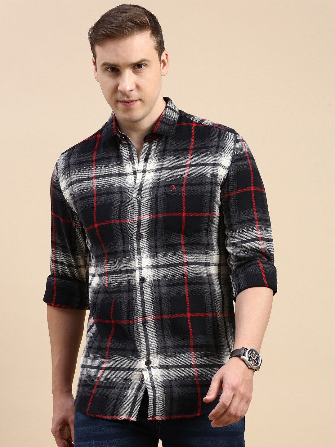 

CP BRO Slim Fit Tartan Checked Spread Collar Long Sleeves Cotton Casual Shirt, Black