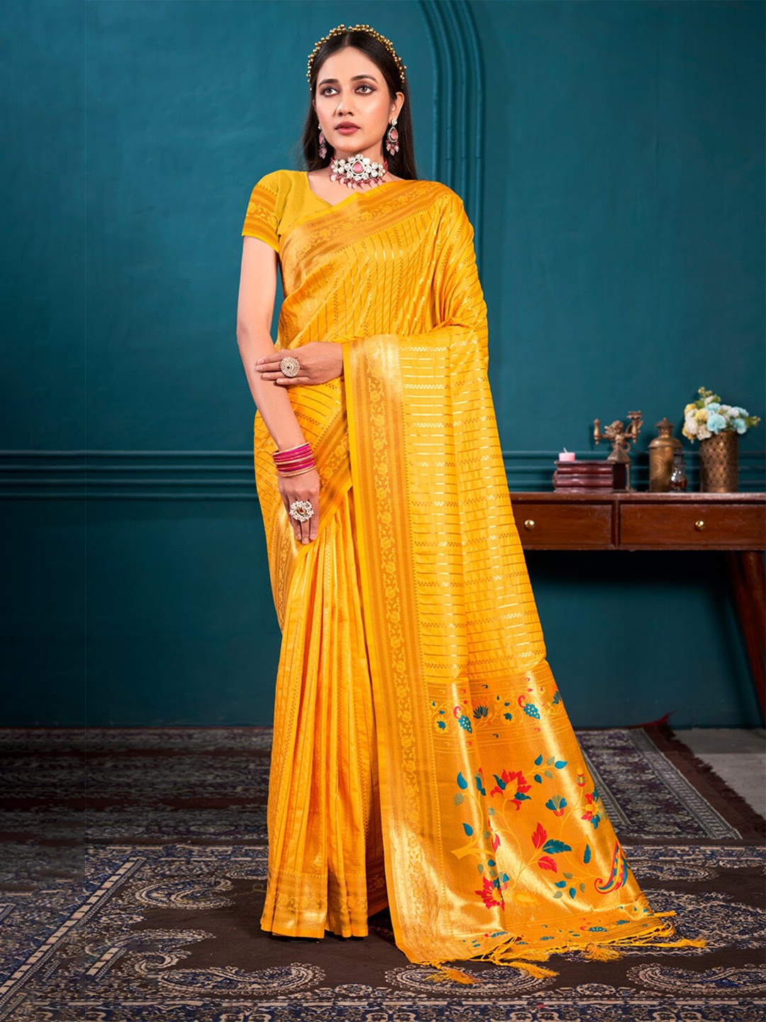 

Ishin Mustard Yellow Striped Woven Design Zari Paithani Saree