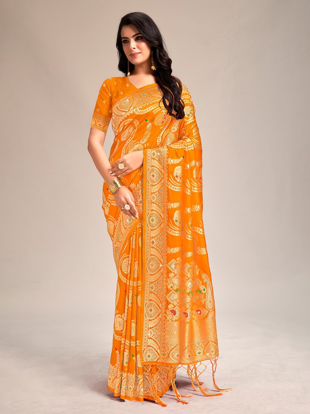 

Ishin Ethnic Motifs Woven Design Zari Banarasi Saree, Mustard