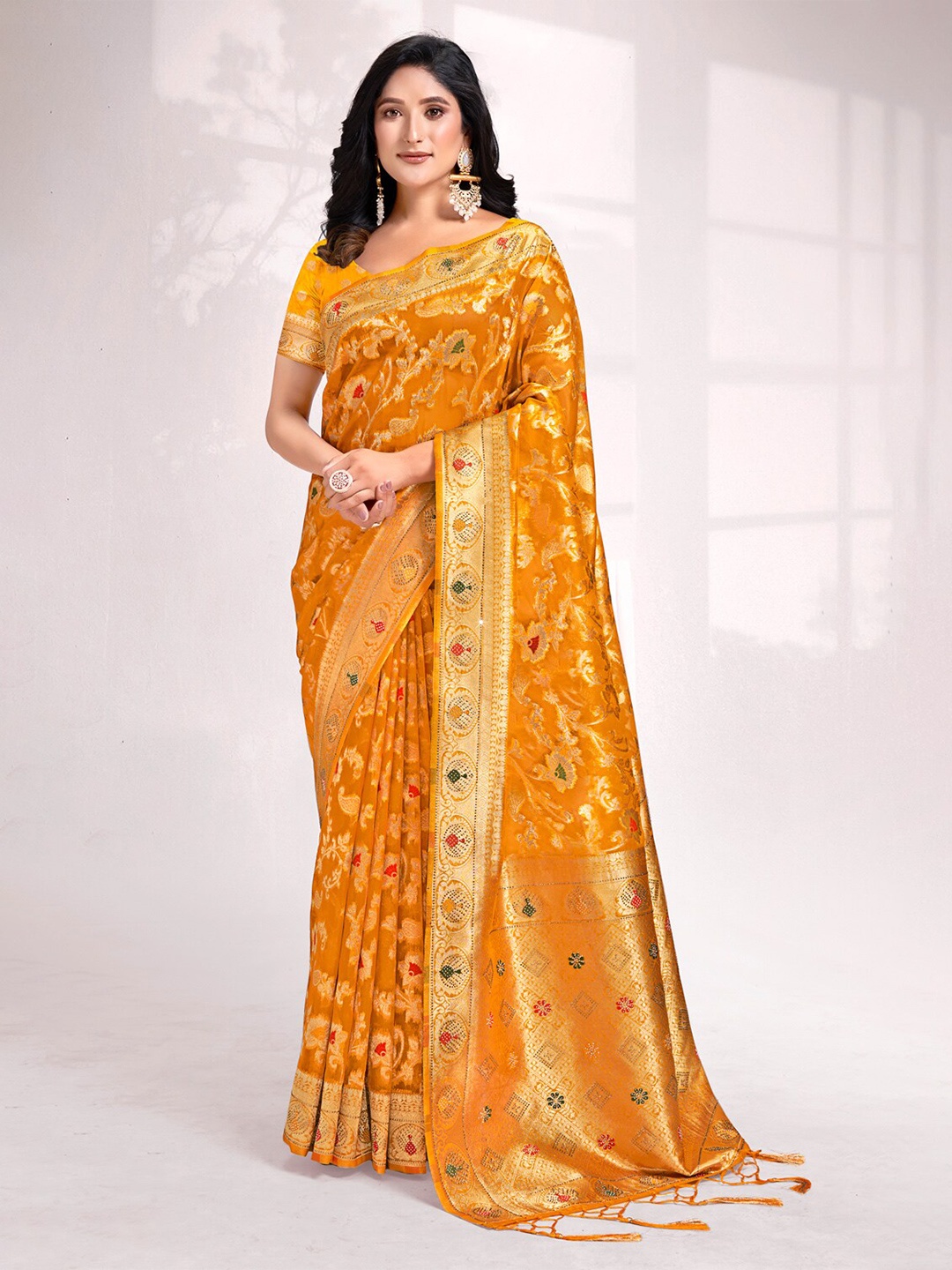 

Ishin Mustard Yellow Floral Woven Design Zari Organza Saree