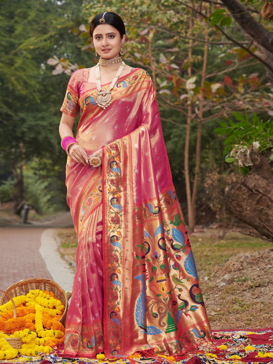 

Ishin Pink Ethnic Motifs Woven Design Zari Paithani Saree