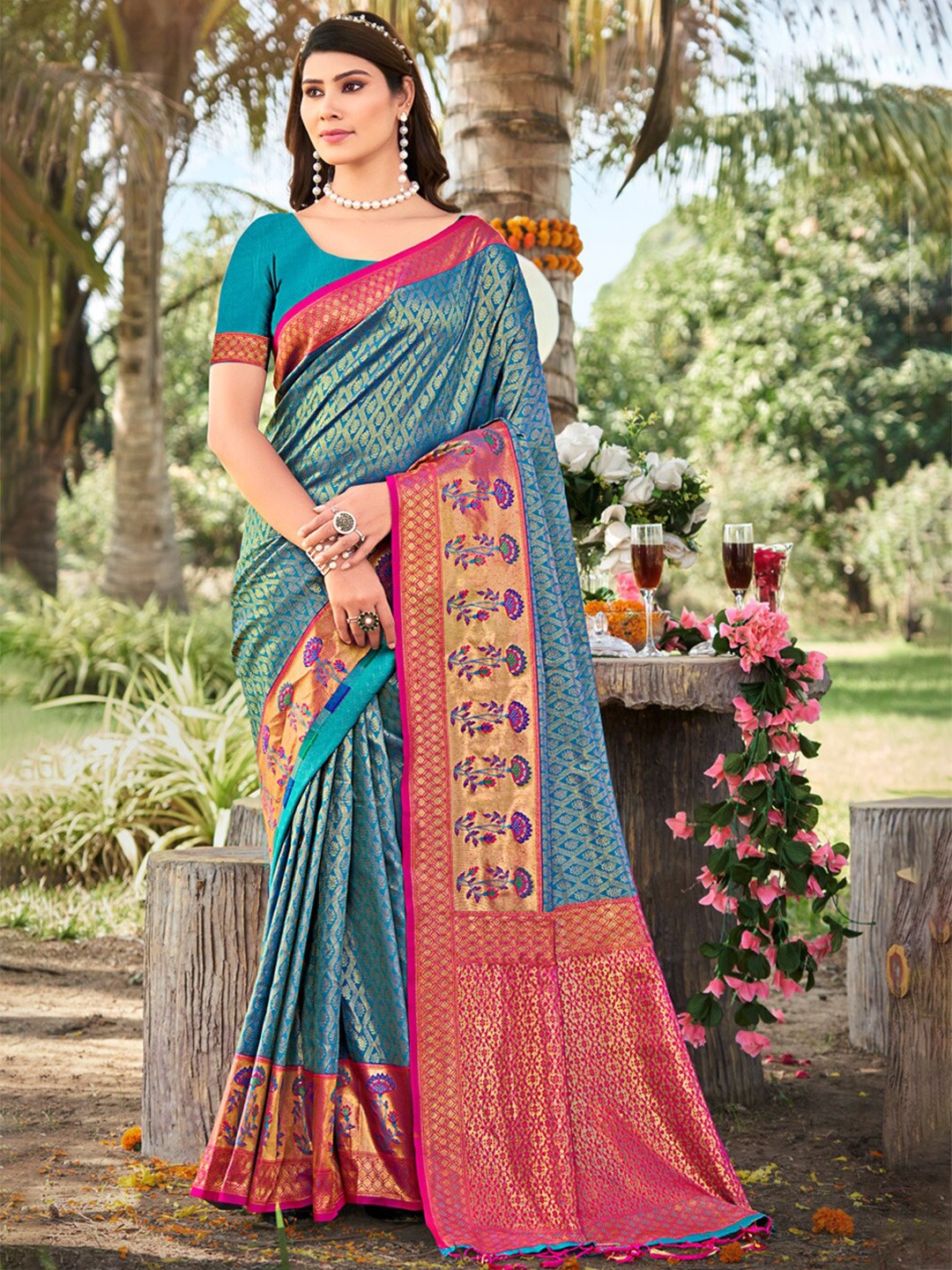

Ishin Blue Floral Woven Design Zari Banarasi Saree