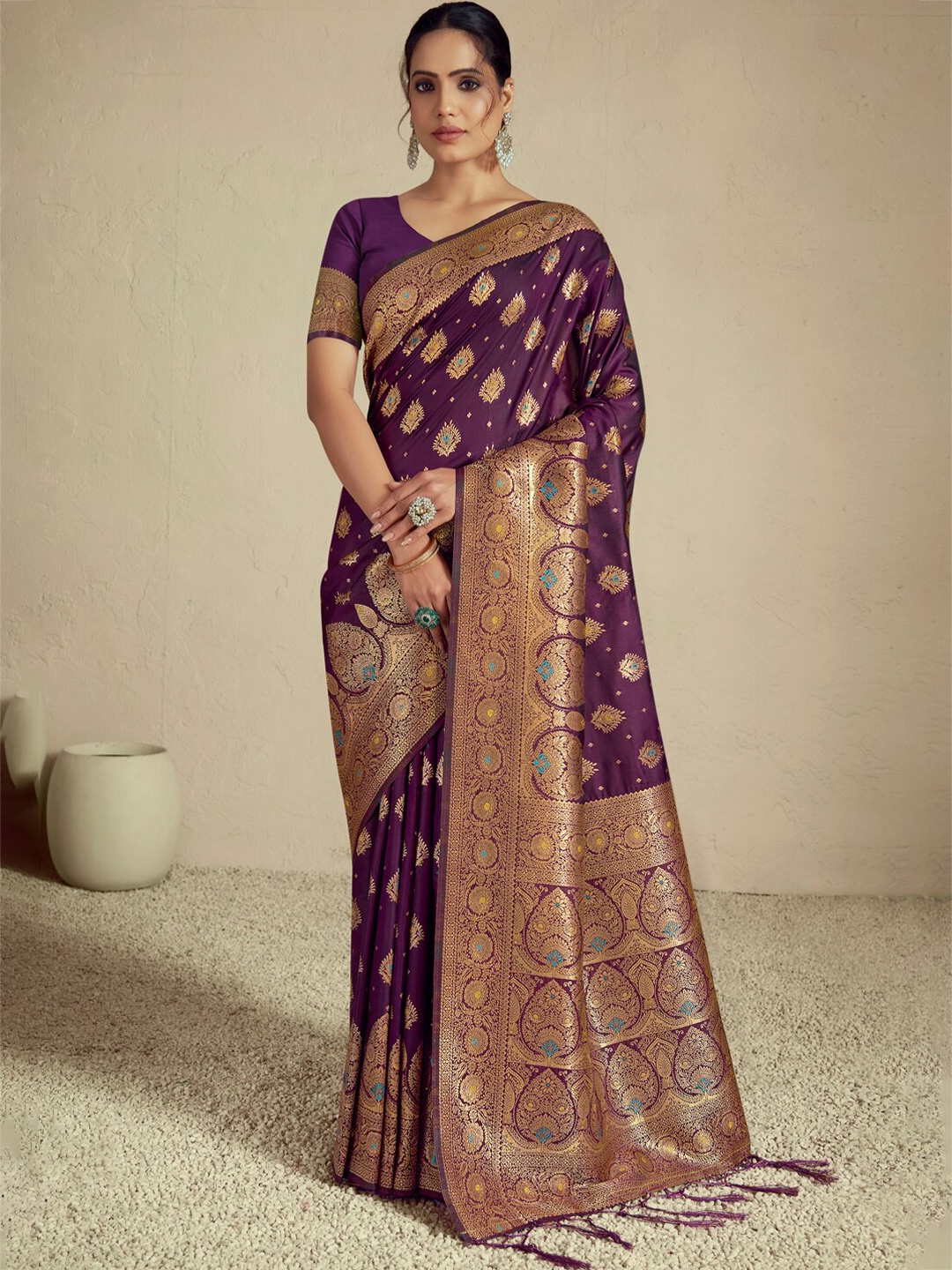 

Ishin Purple Floral Woven Design Zari Saree